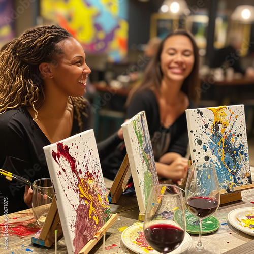 People having fun painting and sipping wine at a paint and sip event. 