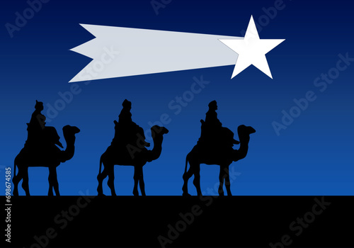 Silueta de reyes magos montados en camello en un día nocturno. 