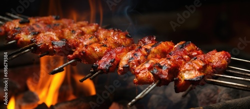 Grilled spicy chicken seekh kababs on metal skewers are sold as street food in Old Delhi market, known for its spicy non-vegetarian dishes.