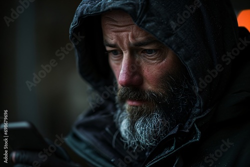 A man with a beard and a hooded jacket looking downward