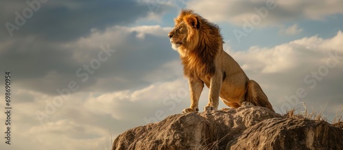 Lone lion atop a hill, displaying pride.