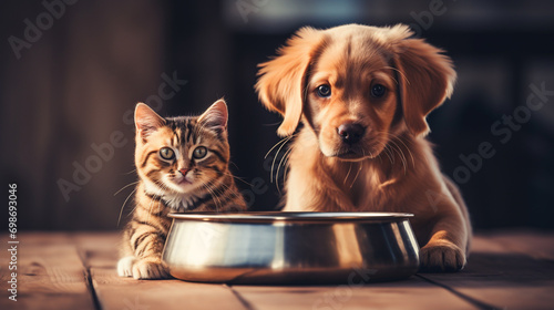 cat and dog eat from bowls. friendship between a dog and a cat