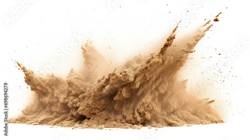 Sand explosion, with vibrant splashes of gold. Isolated on white background