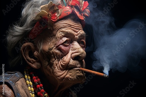 Elderly woman wearing large glasses smoking vintage pipe in charming village