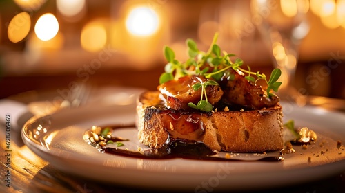 Gourmet Delight: Foie Gras on Toast in Intimate Dining Room Light