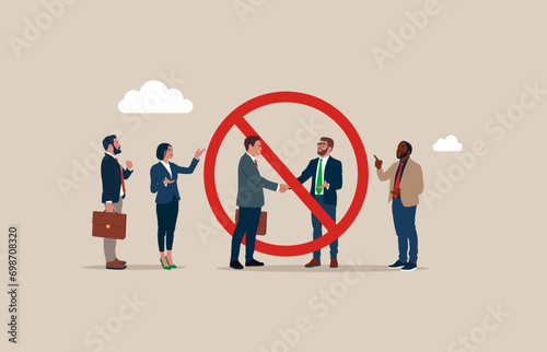 No handshake. No discussion, against conversation, no meeting, none team communication, stop colleague chatting, against opinion. Flat vector illustration