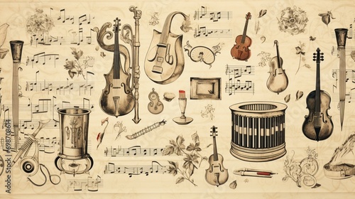 A repeating pattern of vintage music notes and instruments, great for a musical-themed vector background.