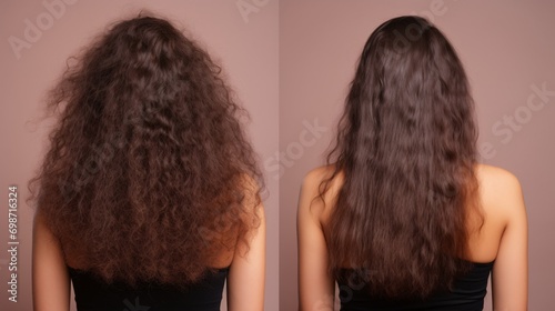 Woman's hair damaged by heat, before and after keratin treatment in salon studio.