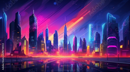 A futuristic cityscape with towering skyscrapers and neon lights, great for a sci-fi-inspired vector background.