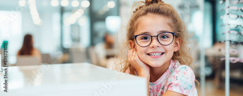 une petite fille souriante avec des lunettes de vue chez un opticien