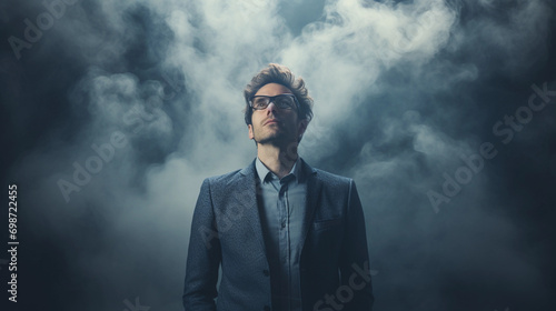 business man with Cloudy vision, unclear mind, foggy ideas concept 