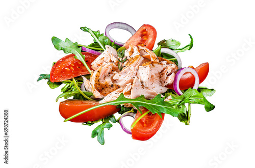 Salad with baked salmon fillet steak, fresh arugula and tomato Transparent background. Isolated.