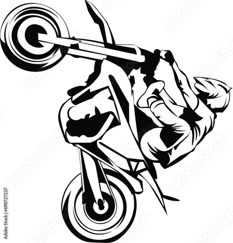 Cartoon Black and White Isolated Illustration Vector Of A Person Doing Dirt Bike Stunts On 1 Wheel