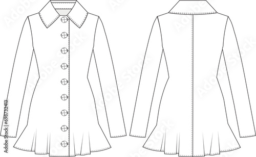 Long sleeve ruffled buttoned short mini dress with collar detail template technical drawing flat sketch cad mockup fashion woman design model style