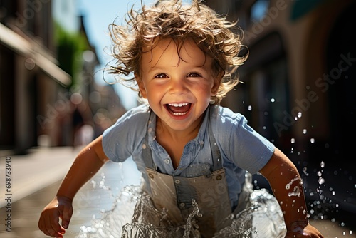 Little cute playful caucasian blond toddler boy enjoy have fun playing jumping in dirty puddle wearing blue waterproof pants and rubber rainboots at home yard street outdoor. Happy childhood concept