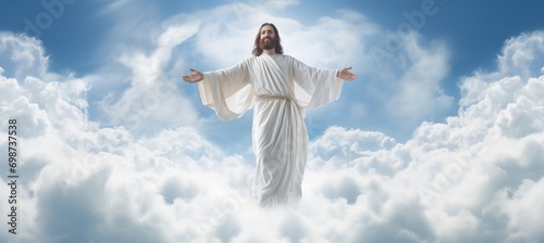 Jesus christ ascending to heaven with divine light and clouds, symbolizing god and second coming.