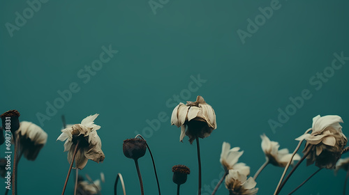 Withered floral background, dark withered and dry flowers on blue green soft background with copy space, nostalgic, melancholy mood