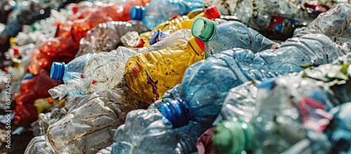 PET bottles gathered in bundles for reprocessing, forming a heap of plastic waste.