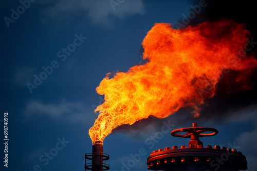 Natural gas refinery plant. Fire from pipe of Processing factory. Oil crude and gas refineries. Petrochemical plant Smoking chimneys. Toxic Smoke, Air Pollution, CO2 Crisis. Carbon dioxide emissions.