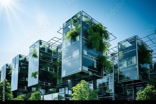 Umweltfreundliches Wohnen, Ökologisches und energieeffiziente Immobilie mit begrünten Fassaden, grünes Arbeiten