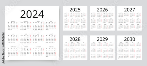 2024, 2025, 2026, 2027, 2028, 2029, 2030 calendars. Calender templates. Week starts Monday. Desk planner layout. Yearly diary with 12 month in simple design. Organizer in English. Vector illustration