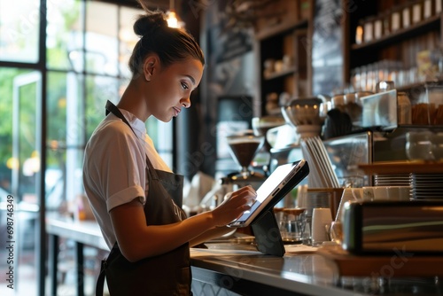 In the heart of a bustling artisanal cafe, a poised waitress expertly manages orders with a swipe on her digital tablet, blending tradition with modern efficiency.