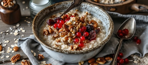 Tasty breakfast: Spelt porridge with nuts and dried fruit.