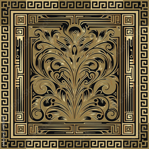 Gold Art Nouveau old retro style floral ornamental Deco seamless pattern with square greek meanders frame, borders. Floral vector golden background. Vintage art nouveau flowers ornaments. Element