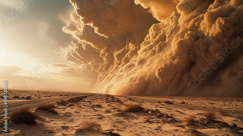 Sandstorm Drama: A dramatic scene of a sandstorm approaching, with swirling clouds of dust and sand engulfing the desert in a display of natural power