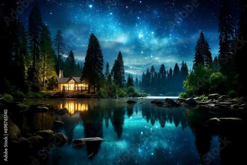 a charming cottage on the edge of a calm river on a starry night in the forest
