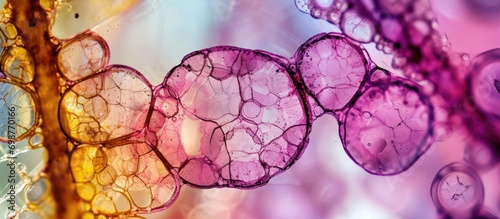 Potato leucoplasts containing starch are stained by lugol iodine at 400x magnification.