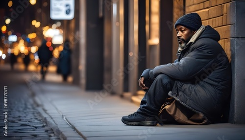 Black man kneeling on street sidewalk, begging for money, racialized homeless man.