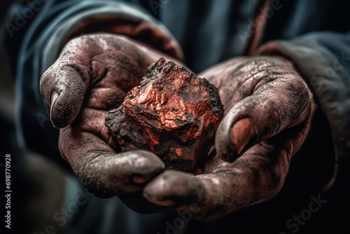 Copper nugget in hands of miner. Gold rush. Copper in hands of the Gold Miner after gold mining. Miner Digging ore. Geologist extracts iron ore and Copper metal. Mining ore.