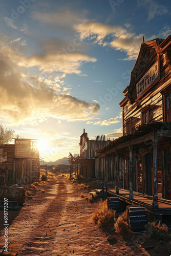 An image of an old western town with a dirt road. Perfect for capturing the essence of the Wild West. Ideal for use in historical articles or as a background for western-themed projects