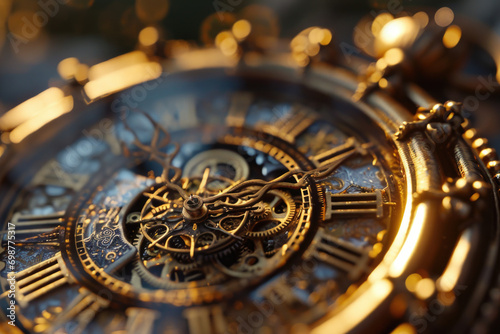 A close-up view of a clock with a gold face. This image can be used to represent time management, punctuality, or the passage of time