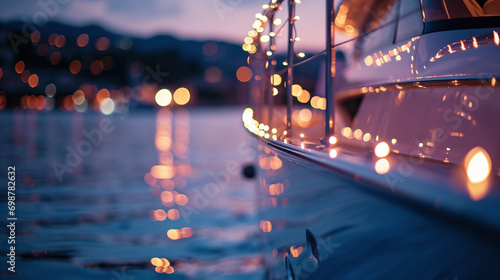 A luxury yacht charter in the Mediterranean with bokeh lights reflecting on the tranquil waters as guests enjoy a lavish dinner cruise 