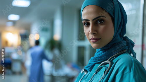 Dedicated Middle Eastern female nurse in a hospital setting looking compassionately at the camera 
