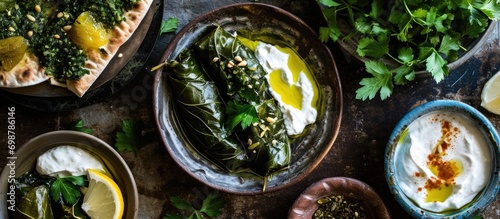 Authentic Arabic stuffed vine leaves, accompanied by yogurt salad and lemon, captured from above with a close-up shot.