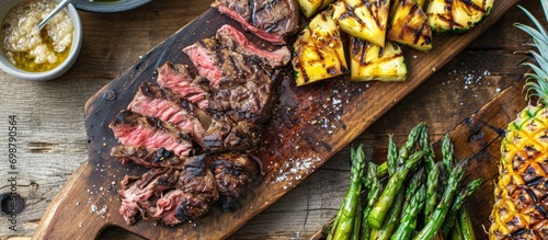 Top view of wood cutting board with dry aged wagyu tri tip steak, grilled pineapples, and asparagus barbecue