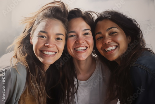 Three happy friends joyful interaction photoshoot plian background
