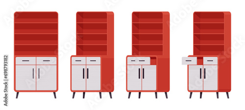Cupboard red set, storage kitchen pantry, cabinet or buffet. Functional and attractive open shelf with drawer. Vector flat style cartoon home, office furniture objects isolated on white background