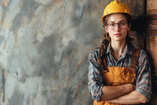 Confident female construction worker with her arms crossed with a gray background for copy paste
