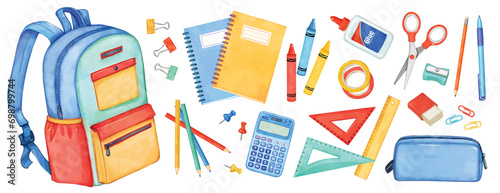 Big school supplies collection, Back to school student equipment isolated watercolor elements. Backpack, notebooks, colored pencils and crayons, stationery and writing tools, Education concept set