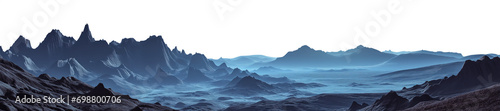 panoramic wide angle view of a vast landscape at night or dusk - mountain range - sharp jagged rocks - vast arid rocky landscape - alien planet surface - foggy misty dark mood - pen tool cutout