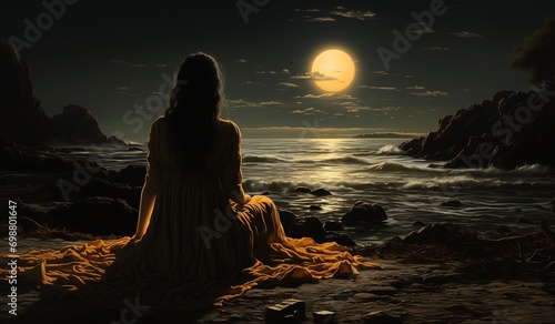 woman sitting beach looking ocean night avatar yellowish full moon sad emotion being rest peace sings beautifully
