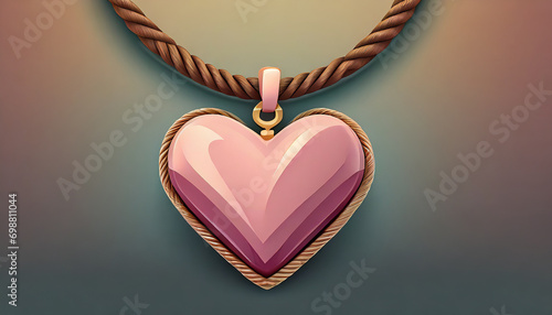 Pink heart necklace with brown rope. 3d accessory icon illustration.