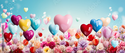 Valentine's day background with colorful heart balloons and tulips 