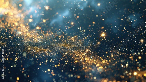 Abstract background with gold stars, particles and sparkling on navy blue.