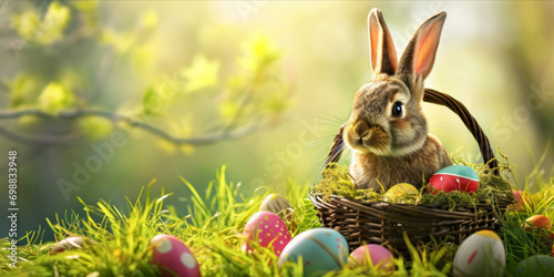 Easter rabbit with long ears sits by a basket filled with colorful eggs in grass. web banner design