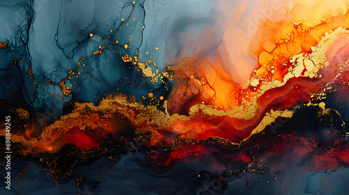 Natural abstract fluid art painting in alcohol ink technique. Mixture of colors creating transparent waves and golden swirls. For posters, other printed materials
